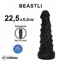 Рельефный фаллоимитатор BEASTLI 22,5 см, черный силикон, ребристый ствол, Vac-U-Lock